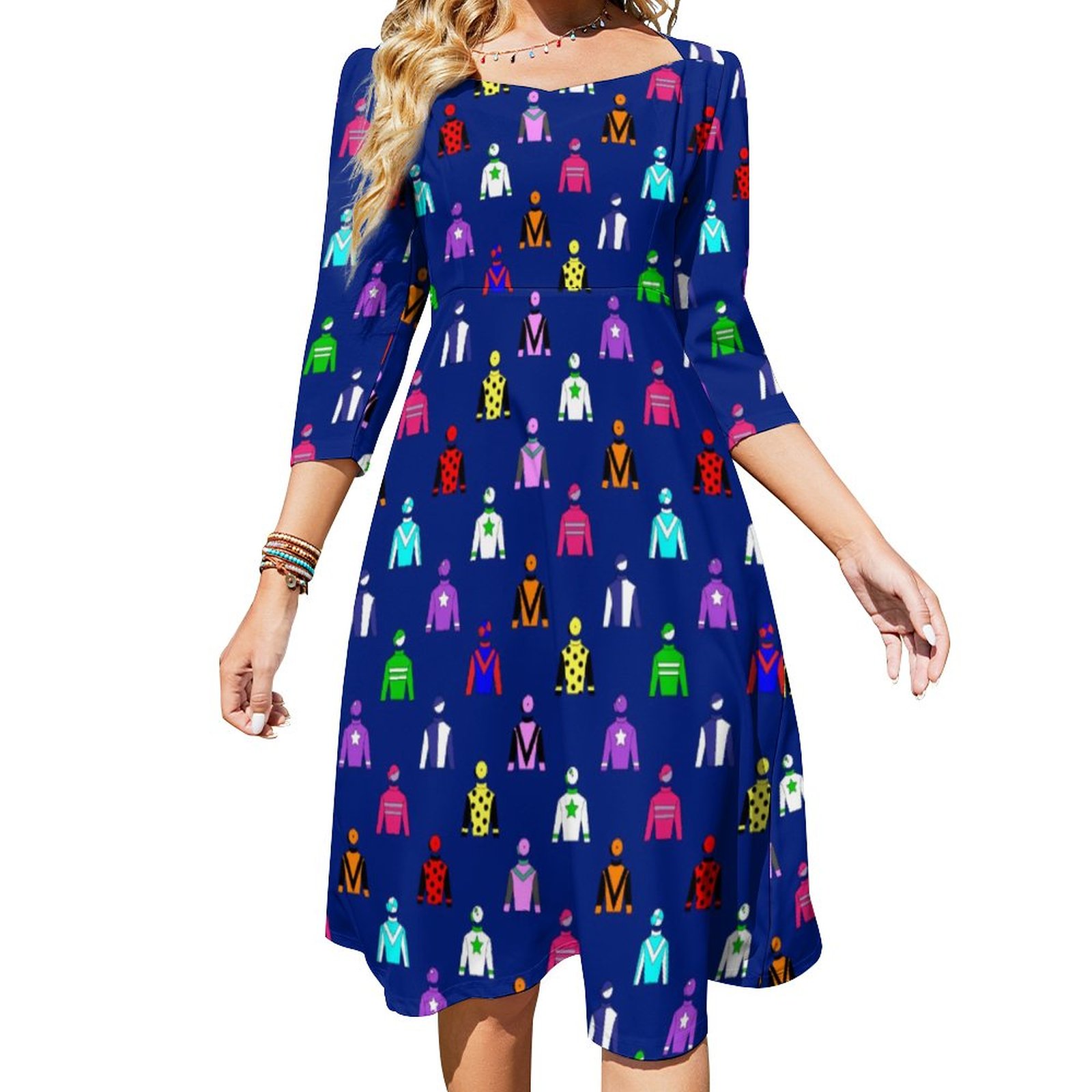 Jockey Silks Horse Racing Pattern Navy Blue Dress Sweetheart Tie Back Flared 3/4 Sleeve Midi Dresses