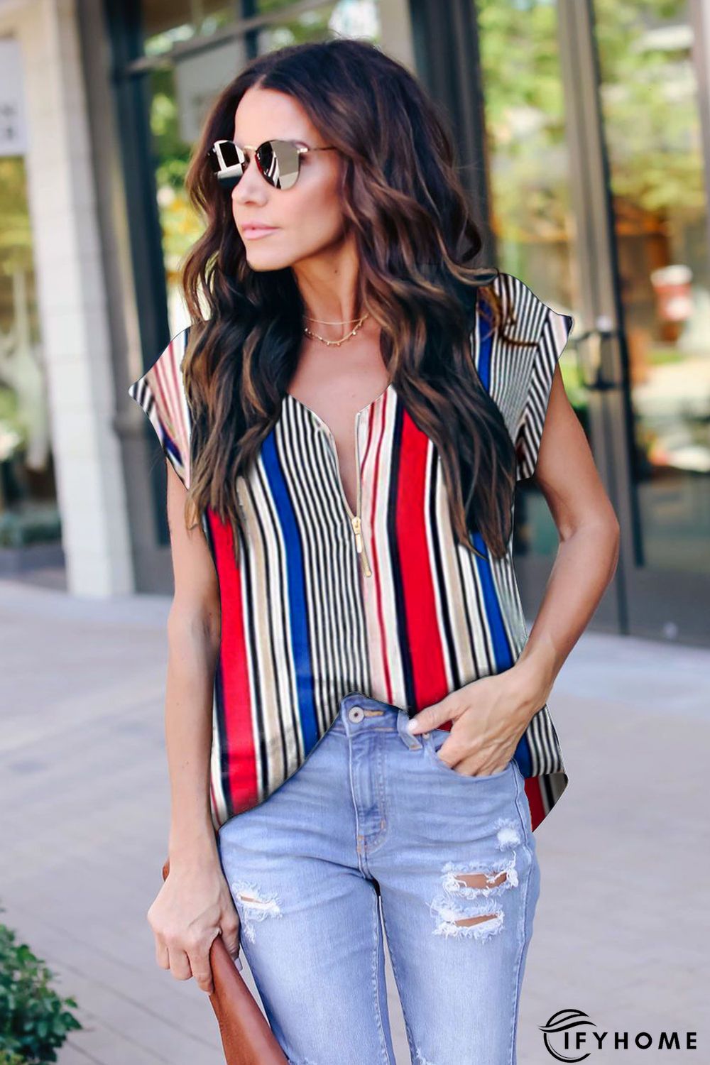 Multicolor V Neck Stripes Roll up Short Sleeve Zip Up Blouse | IFYHOME