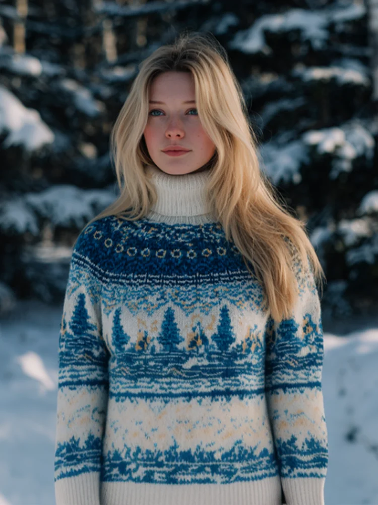 Women's Winter Snow And Ice Forest Design High Neck Tight Knit Sweater