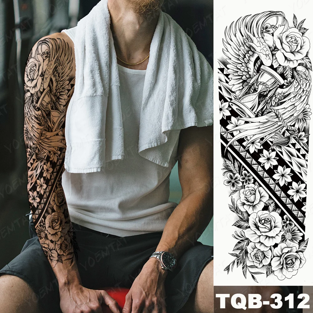 Sdrawing Arm Waterproof Traditional Temporary Tattoo Stickers Women Men Black Line Flowers Koi Crane Thigh Body Art Fake Tattoos