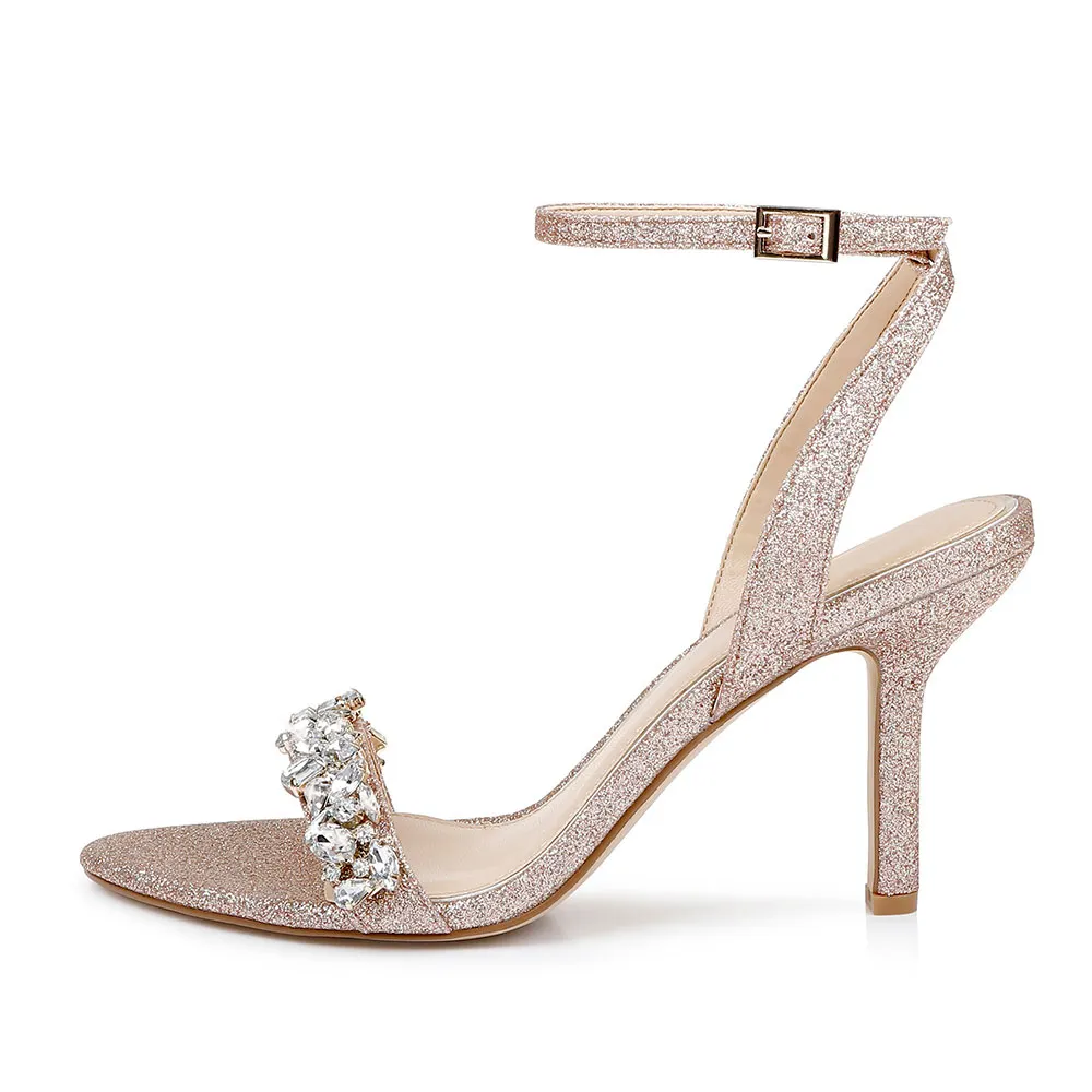 Glitter Rhinestone Ankle Strap High Heel Rose Gold Sandals
