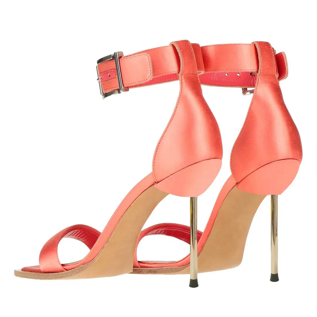 Orange Satin Square Toe Ankle Strap Buckle Women's Heel Sandals