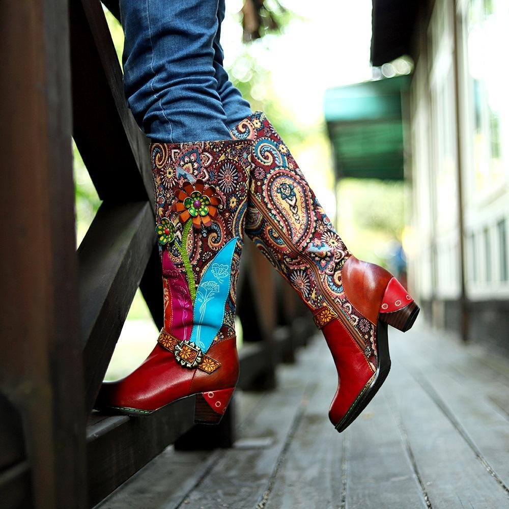 Bohemian Leather Chunky Heel Calf Boots
