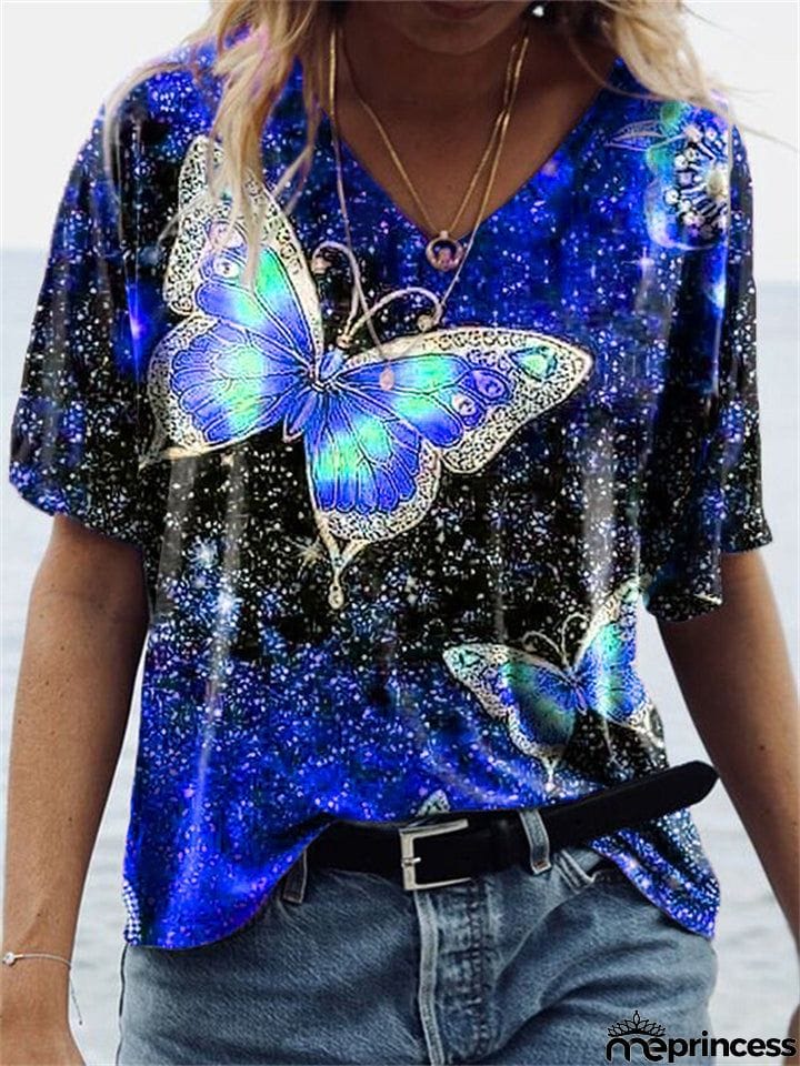 Women's Loose Short-Sleeved V Neck Butterfly Print T-Shirt