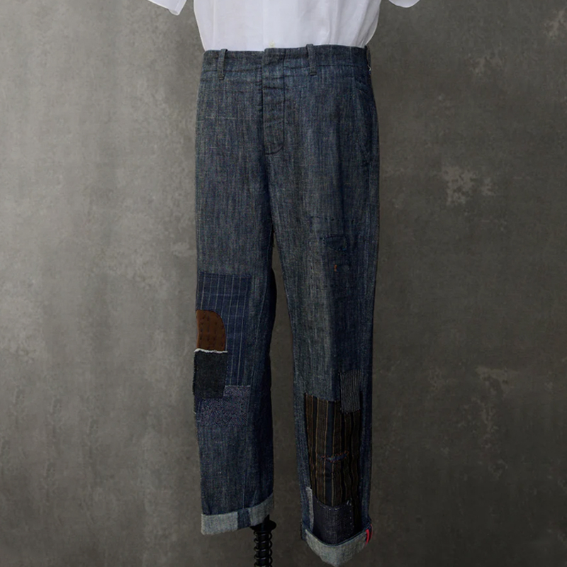 Men's Retro Stitching Denim Cotton and Linen Straight Pants