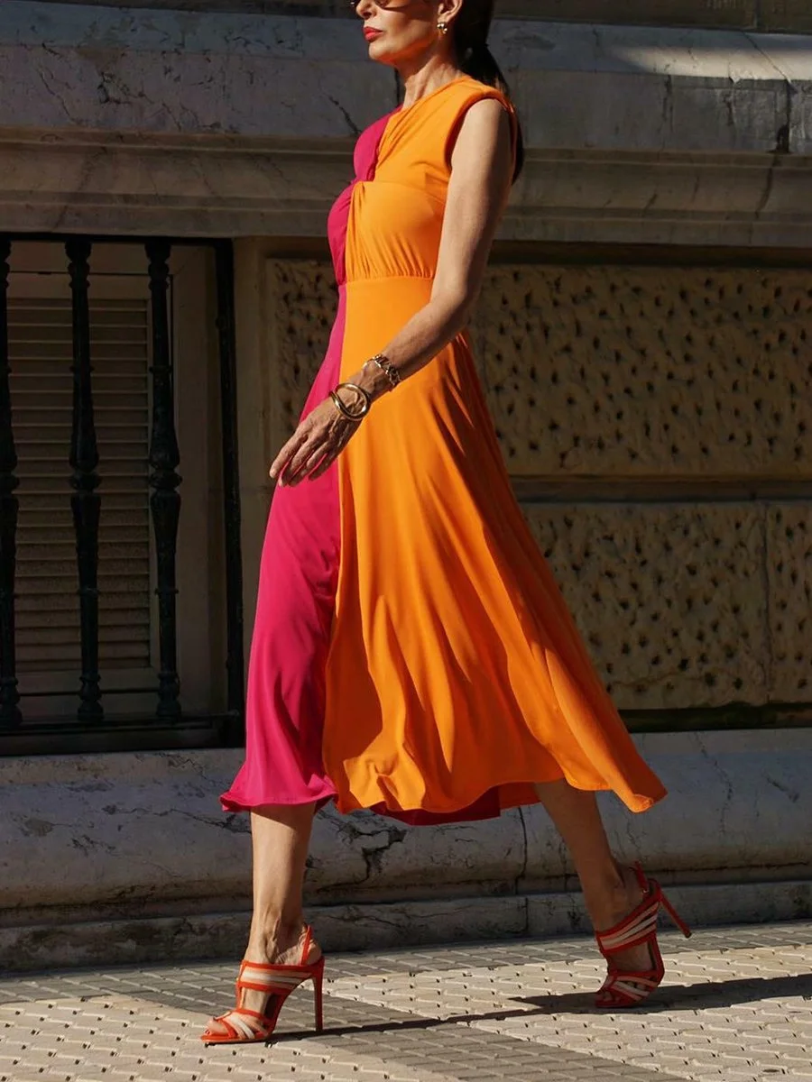 Sleek Colorblock Sleeveless Midi Dress