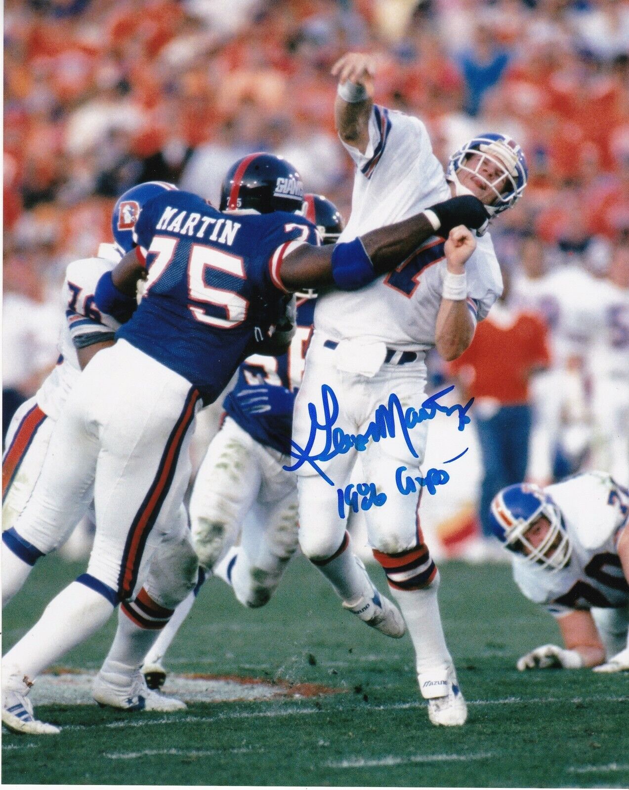 GEORGE MARTIN NEW YORK GIANTS 1986 SB CHAMPS COLOR ACTION SIGNED 8x10