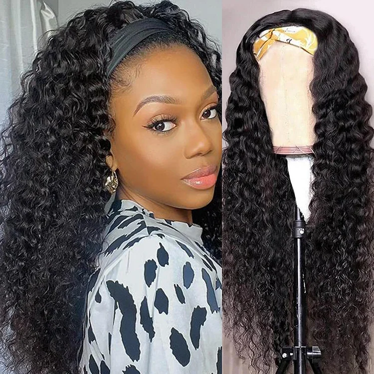 Deep Wave Headband Wig 100% Curly Human Hair Scarf Wig Natural Color Glueless Full Machine Headbands For Women Water Wave Wig 30
