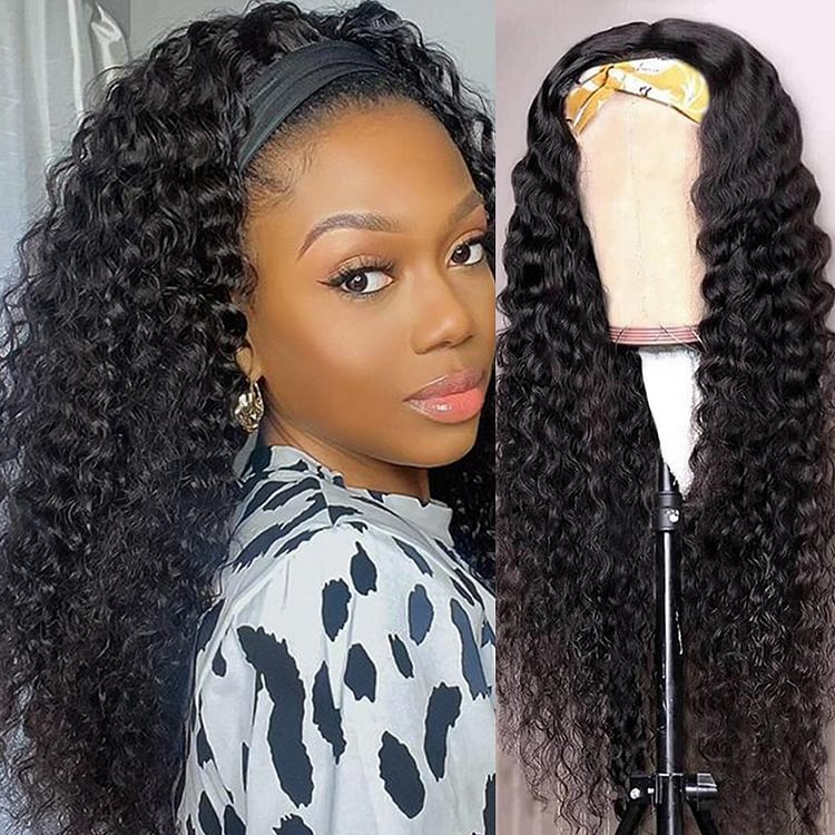 Deep Wave Headband Wig 100% Curly Human Hair Scarf Wig Natural Color Glueless Full Machine Headbands For Women Water Wave Wig 30