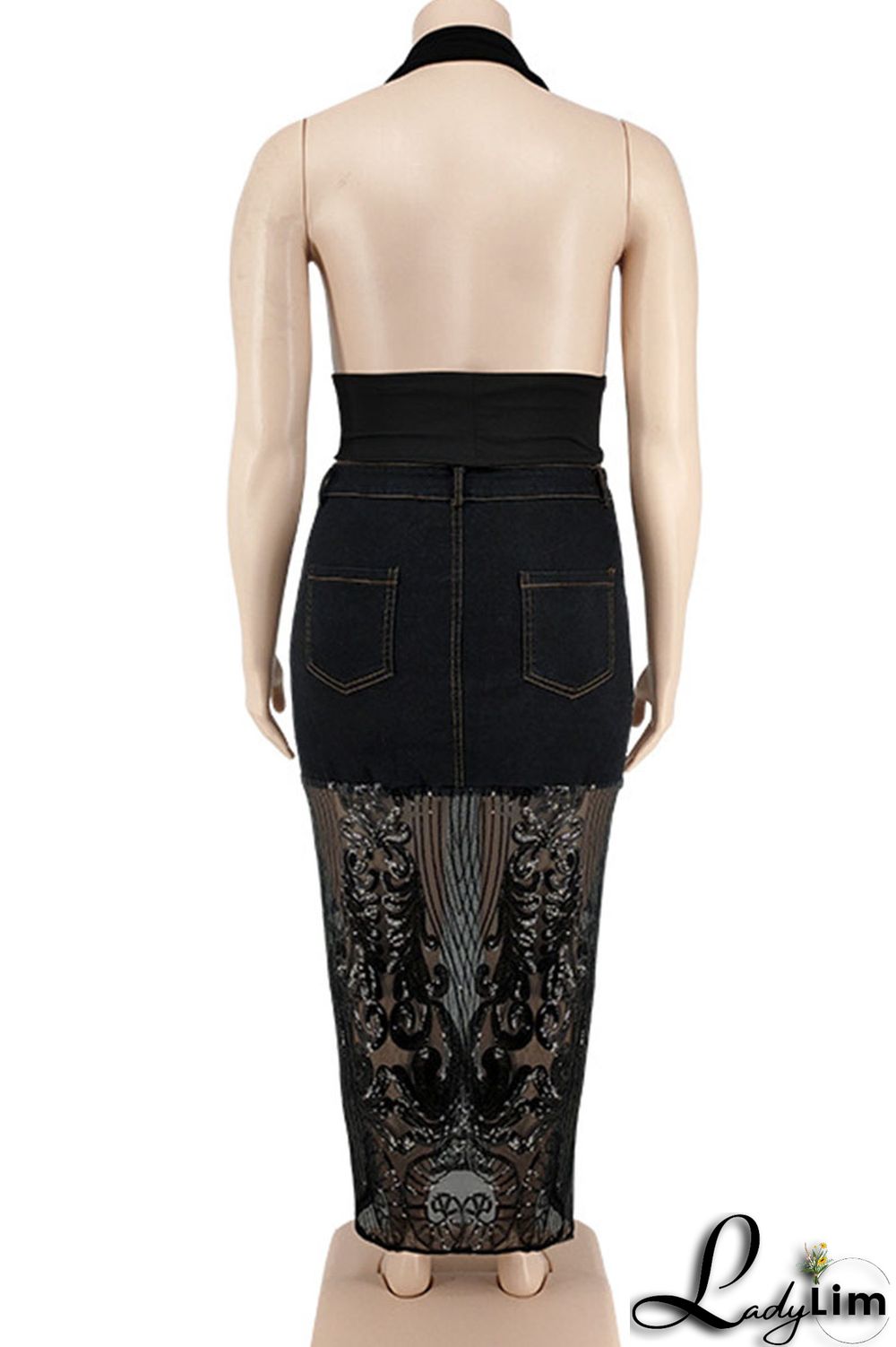 Deep Blue Sexy Solid Embroidered Sequins Patchwork High Waist Denim Skirts