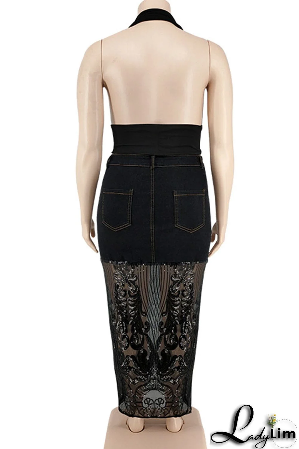 Deep Blue Sexy Solid Embroidered Sequins Patchwork High Waist Denim Skirts