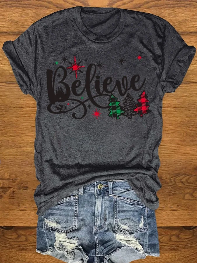 Women's Christmas Believe Printed Short Sleeve T-Shirt