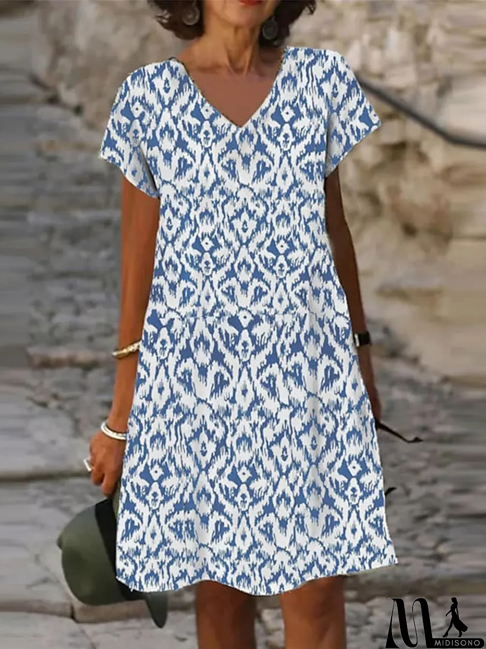 MidiSono - Women's Casual Dress Shift Dress Midi Dress Dark Blue Light Blue Short Sleeve Floral Print Spring Summer V Neck Vacation S M L XL XXL 3XL