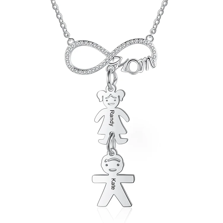 Infinity Necklace with 2 Kid Charms Engraved Names Mom Necklace