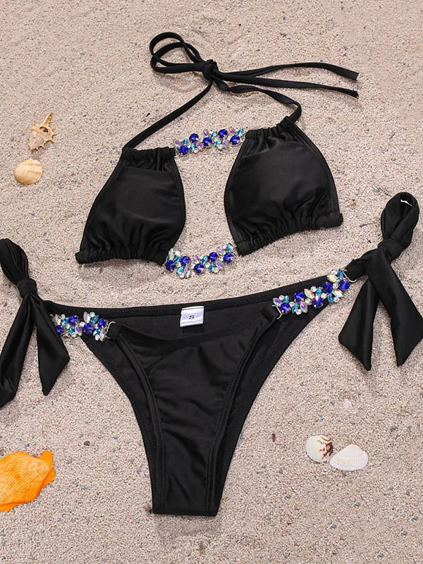 Solid Color Gorgeous Embellished Hollow Bandage Split Bikini Swimsuit