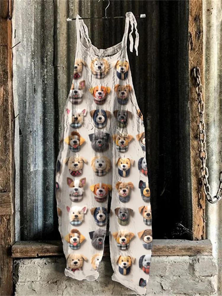 Cute Dogs Embroidery Pattern Linen Blend Casual Jumpsuit
