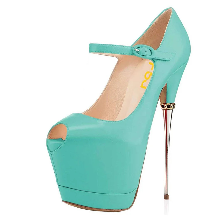 Turquoise Peep Toe Platform Mary Janes Sexiest High Heels Shoes |FSJ Shoes