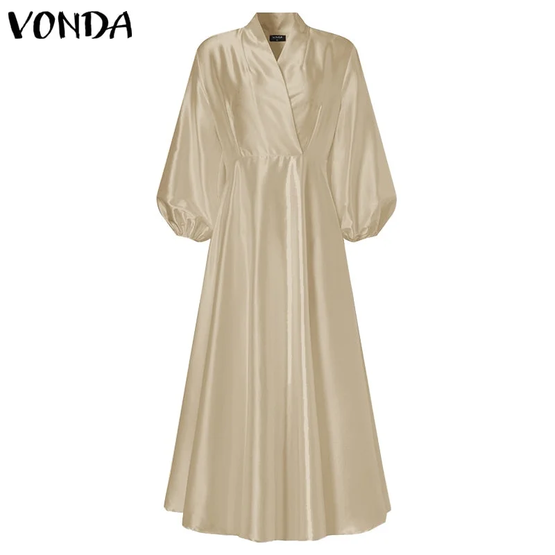 Women Autumn Long Maxi Party Dress 2022 VONDA Sexy V Neck Long Sleeve Solid Dresses Bohemian Vestidos Femme Satin Slik Sundress