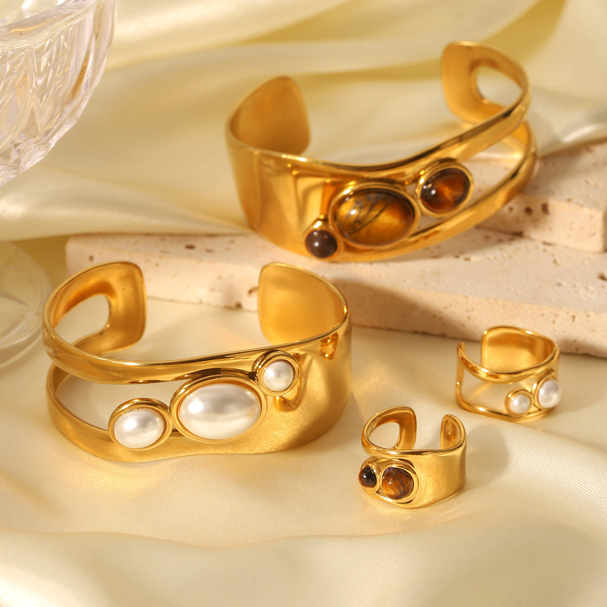 Stainless Steel Hollow Pearl Bracelet Natural Tiger Eye Stone Open Bracelet Retro Titanium Steel Jewelry