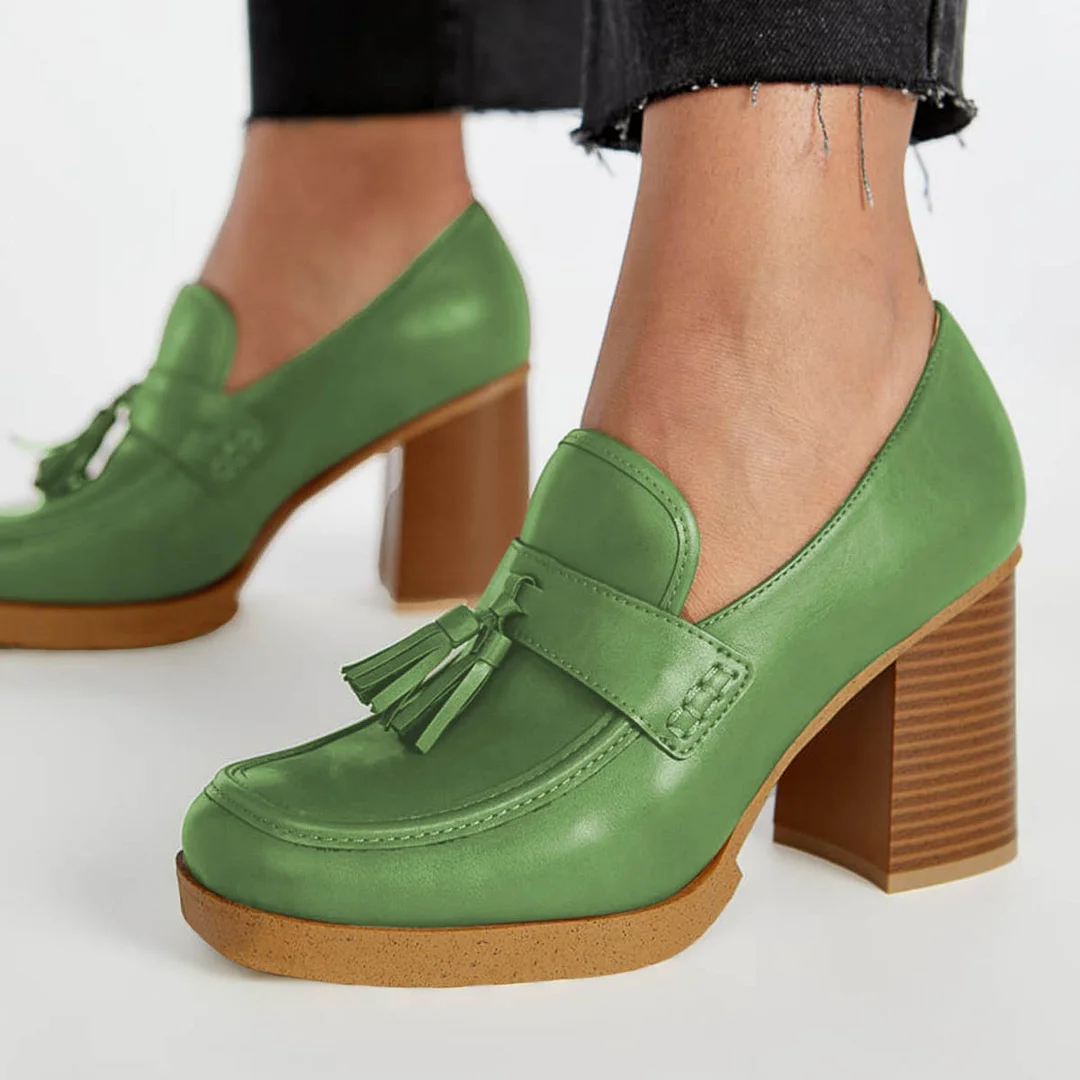 Green Vegan Leather Chunky Heel Square Toe Tassels Women's Loafers