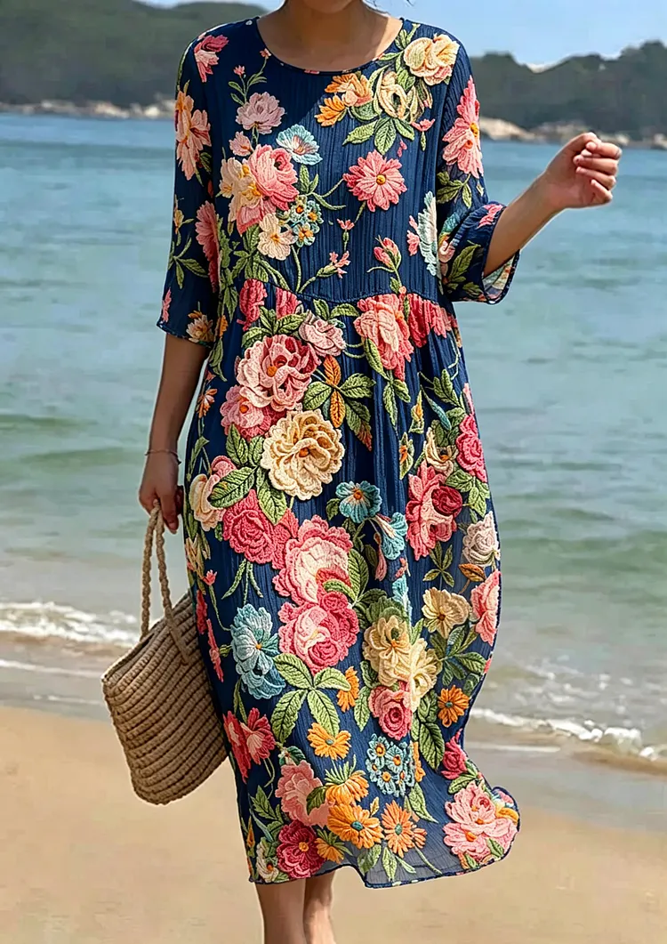 Women's Floral Embroidered Smocked Waist Midi Dress