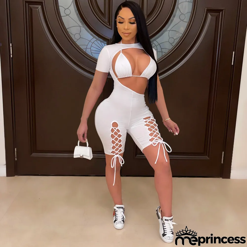 Sexy Short Sleeve Tie-up Romper And Bra Two Piece Sets