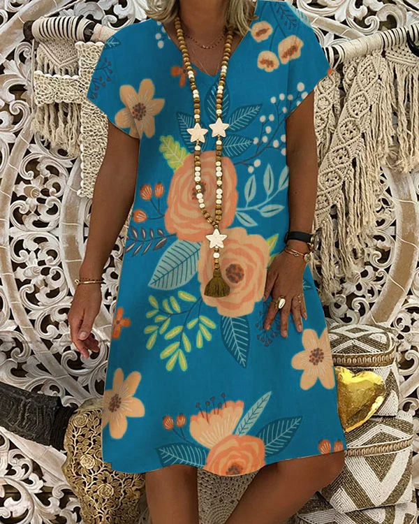 Casual Floral Print V-Neck Resort Short Sleeve Dress