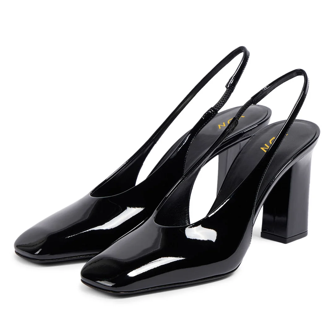 YDN Black Patent Leather Square Toe Chunky Heel Slingback Pumps