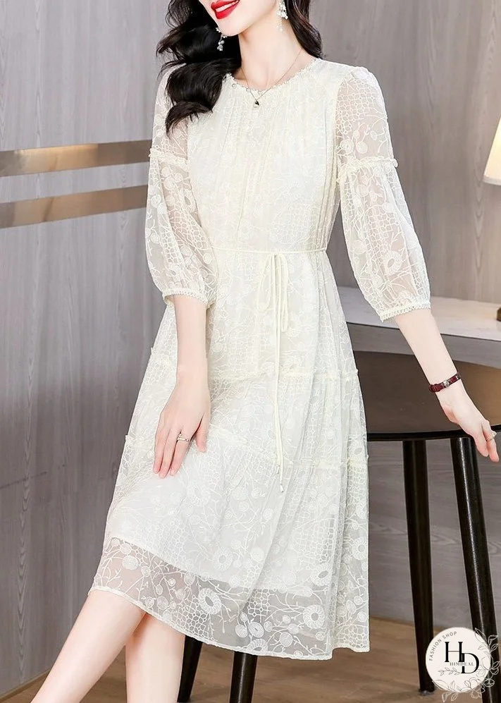 Unique Beige Embroidered Wrinkled Patchwork Silk Dress Summer