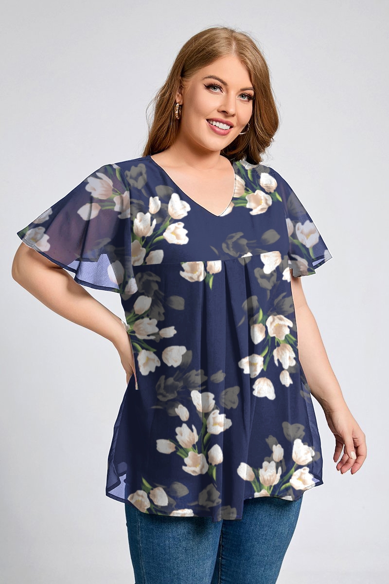 Flycurvy Plus Size Navy Blue Solid Tulip Sleeve V Neck Pleated Casual Blouses
