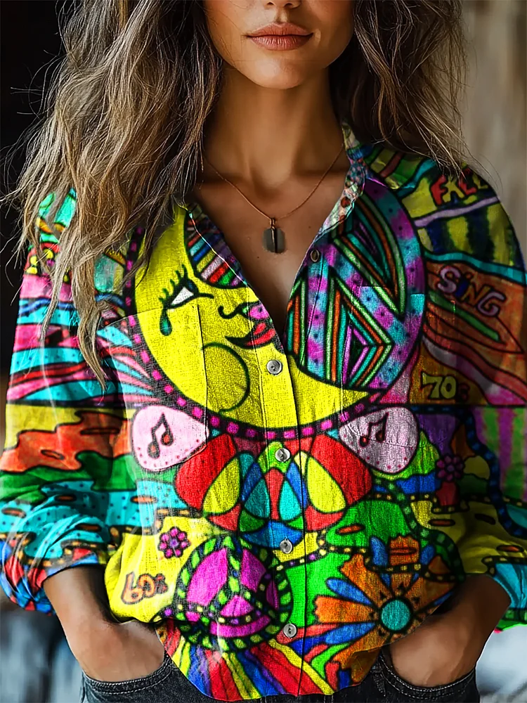 Women's Hippie Art Print Casual Long Sleeve Comfortable Cotton Shirt