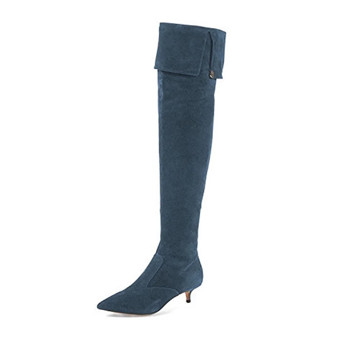 Blue Faux Suede Pointed Toe Over-The-Knee Heel Boots with Kitten Heel