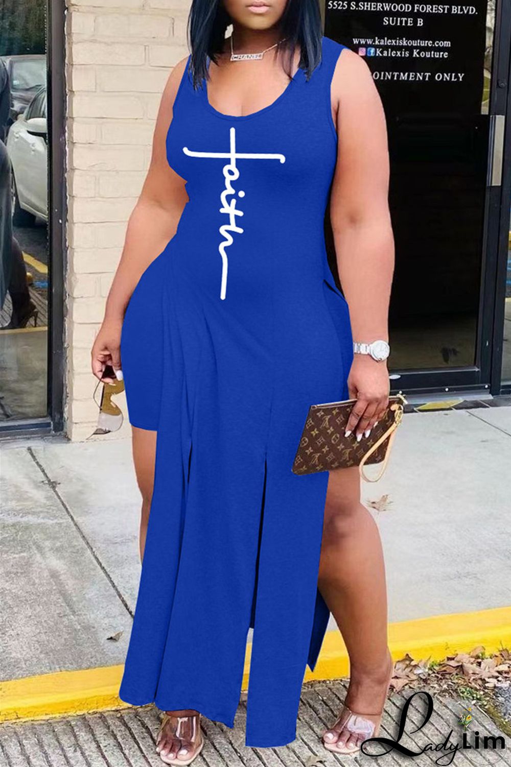 Grey Fashion Sexy Print Slit Vests U Neck Sleeveless Two Pieces