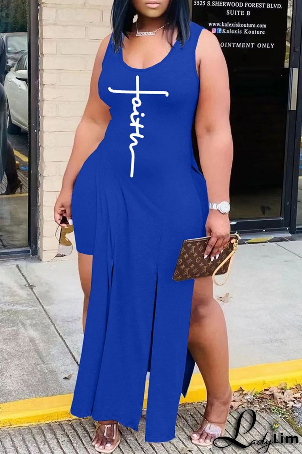 Grey Fashion Sexy Print Slit Vests U Neck Sleeveless Two Pieces