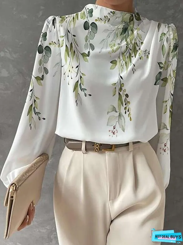 Half-high Neck Lantern Sleeve Printed Blouse