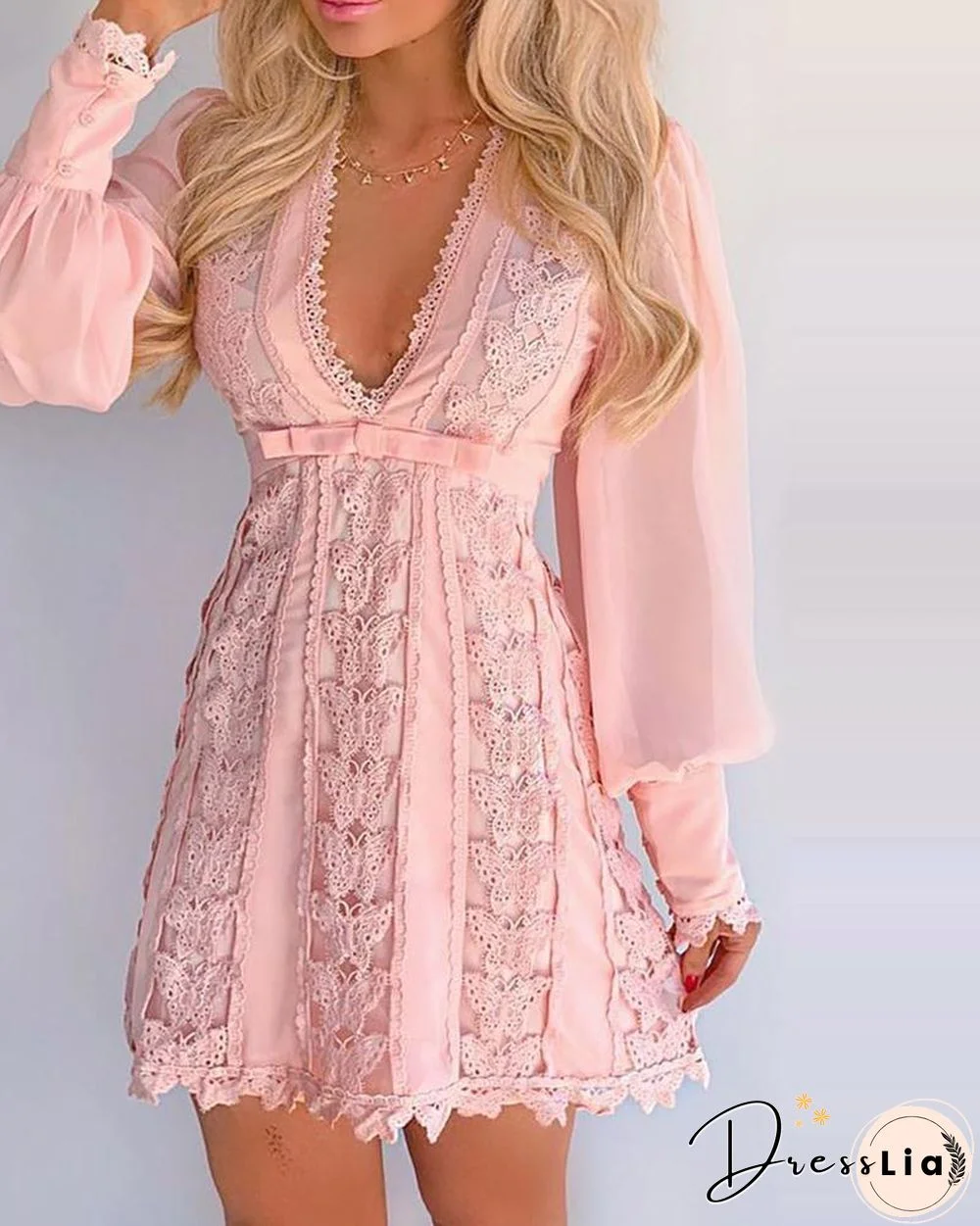 Sheer Mesh Puff Sleeve Butterfly Lace Dress P14723