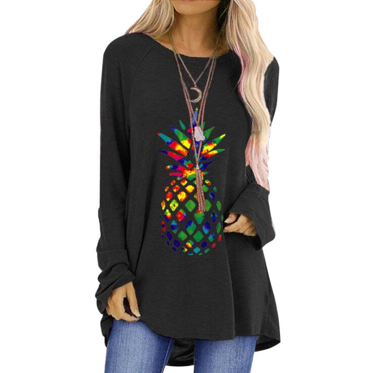 Colorful Pineapple Print T-shirt for Woman Oversize Full Sleeve Round Neck Long Top Clothes Casual Loose Irregular Fashion Tees