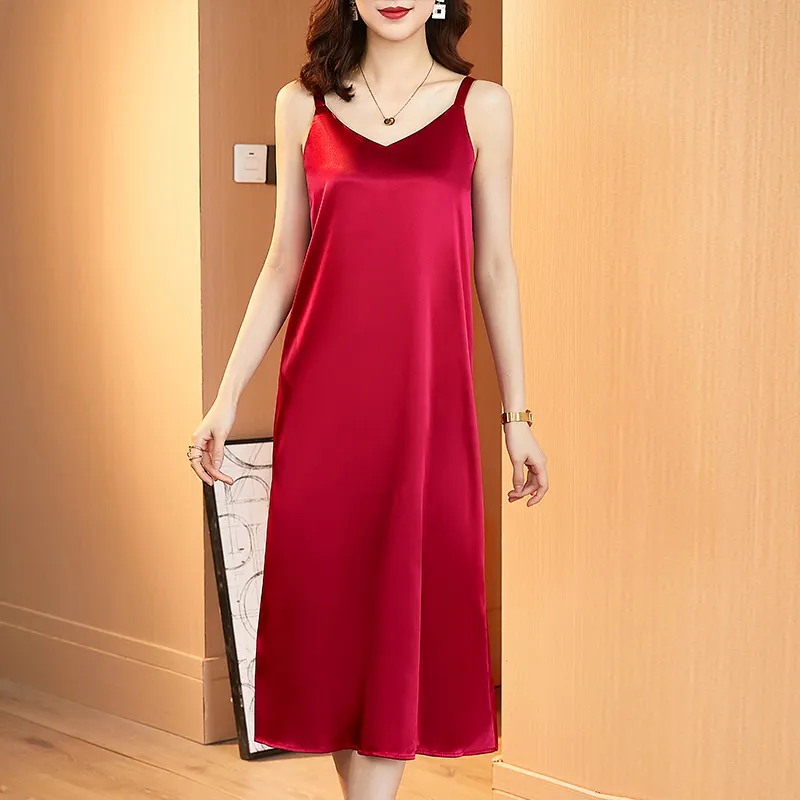 Uveng Women Satin Dress Summer New Strap Sleeveless Silk Dress Women Loose Long Dress Oversized Casual Dresses Robe Femme 14306