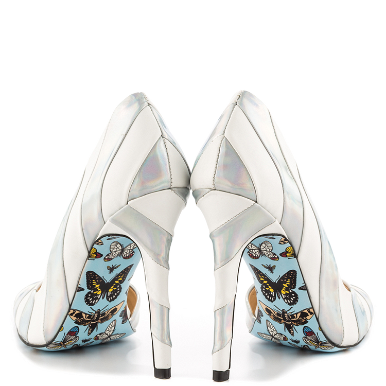 Silver and White D'orsay Pumps Butterfly Sole Holographic Shoes |FSJ Shoes