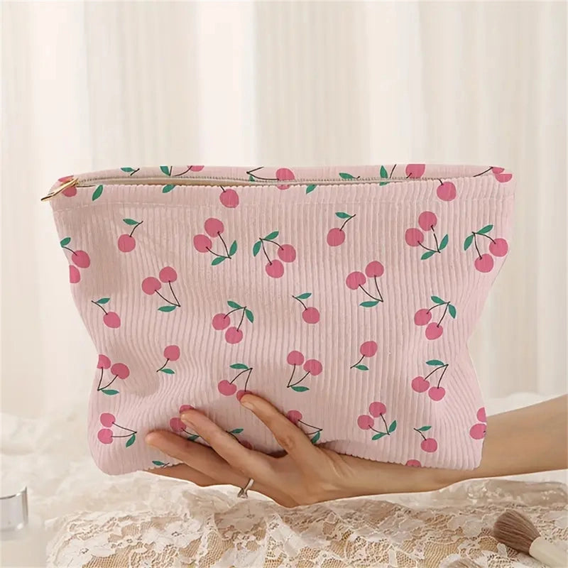 5 Pieces Elegant Streetwear Cherry Corduroy Square Makeup Bags