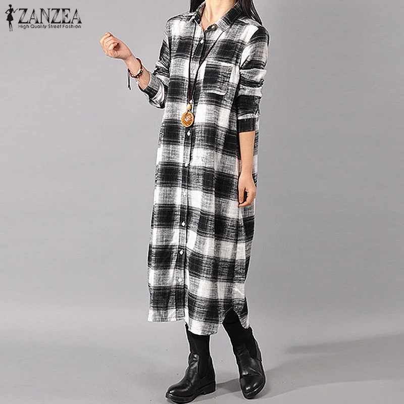 Women Plaid Checked Long Dress ZANZEA Autumn Lapel Neck Long Sleeve Casual Shirt Vestido Robe Buttons Down Cotton Sundress Tunic