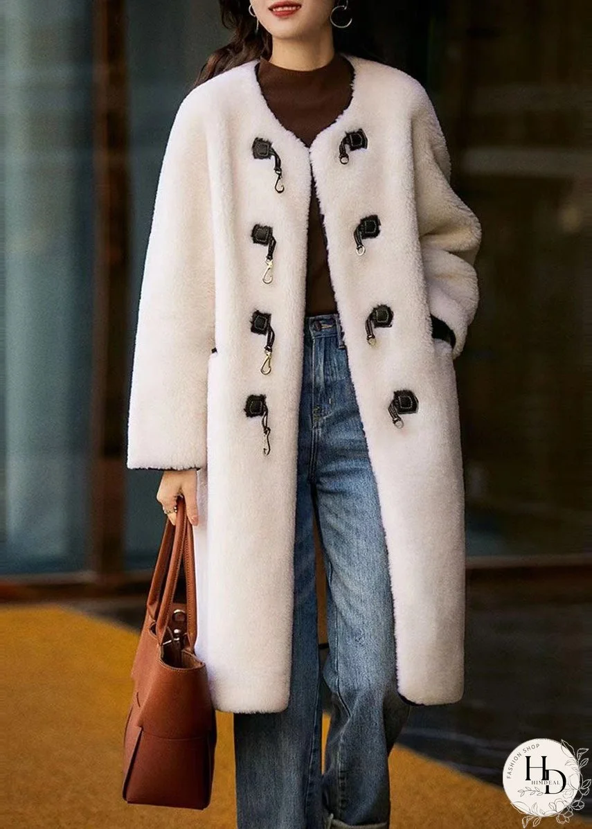 Style White O Neck Pockets Button Patchwork Wool Coat Winter