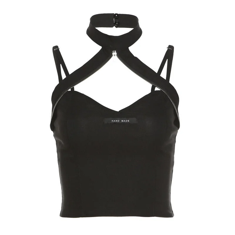 Billlnai 2023 Graduation party  Gothic Halter Black Camis Harajuku Sleeveless Zipper Crop Tops Women Punk Style Backless Hollow Out Tank Top