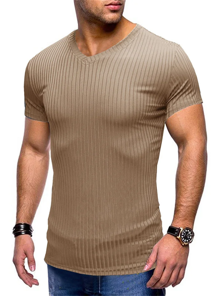 Summer Men's Sports and Fitness Short-sleeved T-shirt Vertical Striped Solid Color Collarless Men's Slim V-neck Tops Ice Silk Bodysuit-Mixcun