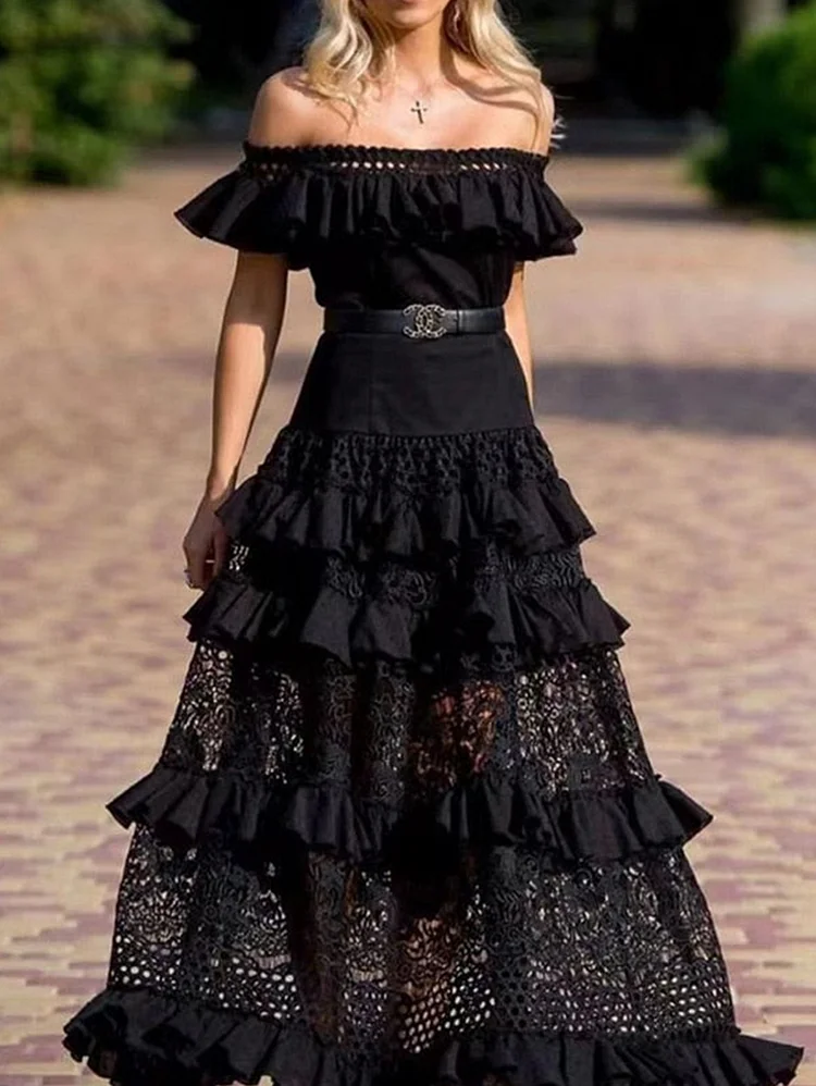 Elegant Off The Shoulder Hollow Lace Ruffle Maxi Dress