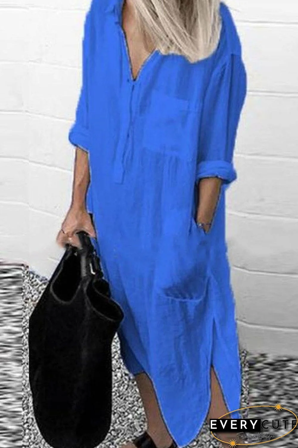 Casual Solid Color Split Shirt Dress