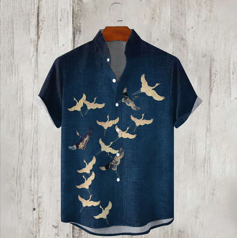 Men's Japanese Cranes Ink Painting Art Linen Blend Cozy Shirt