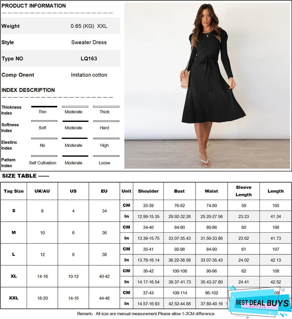 Bubble Long Sleeve Knitted Skirt Medium Long Wool Dress Black Dresses