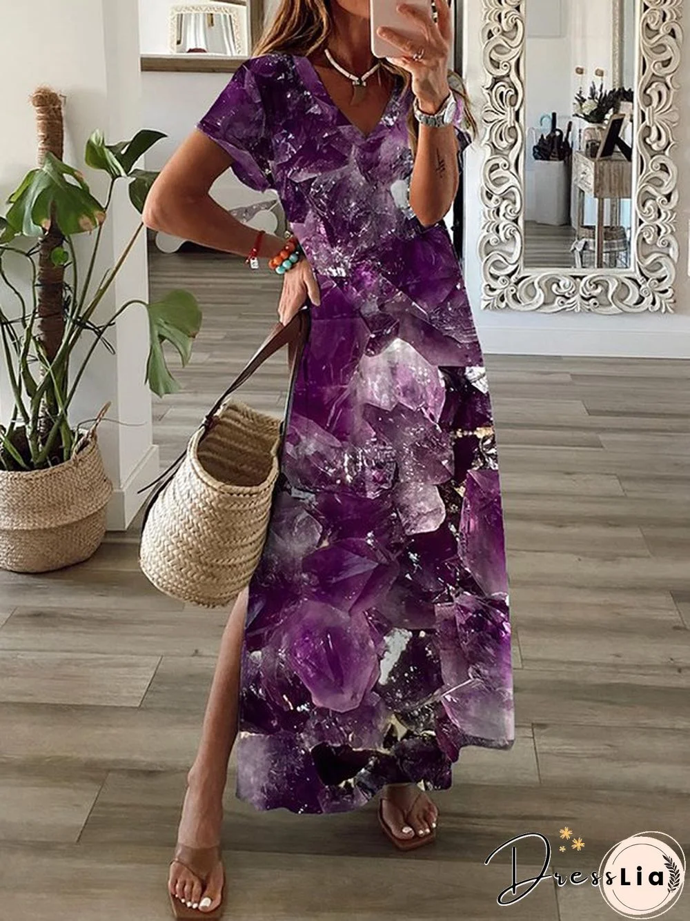 Printed V neck Casual Short Sleeve Knit Dress