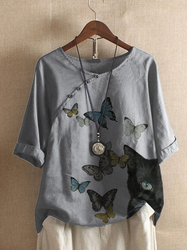 Women Butterflies Cat Print Button O neck Half Sleeve Casual T Shirt P1819177